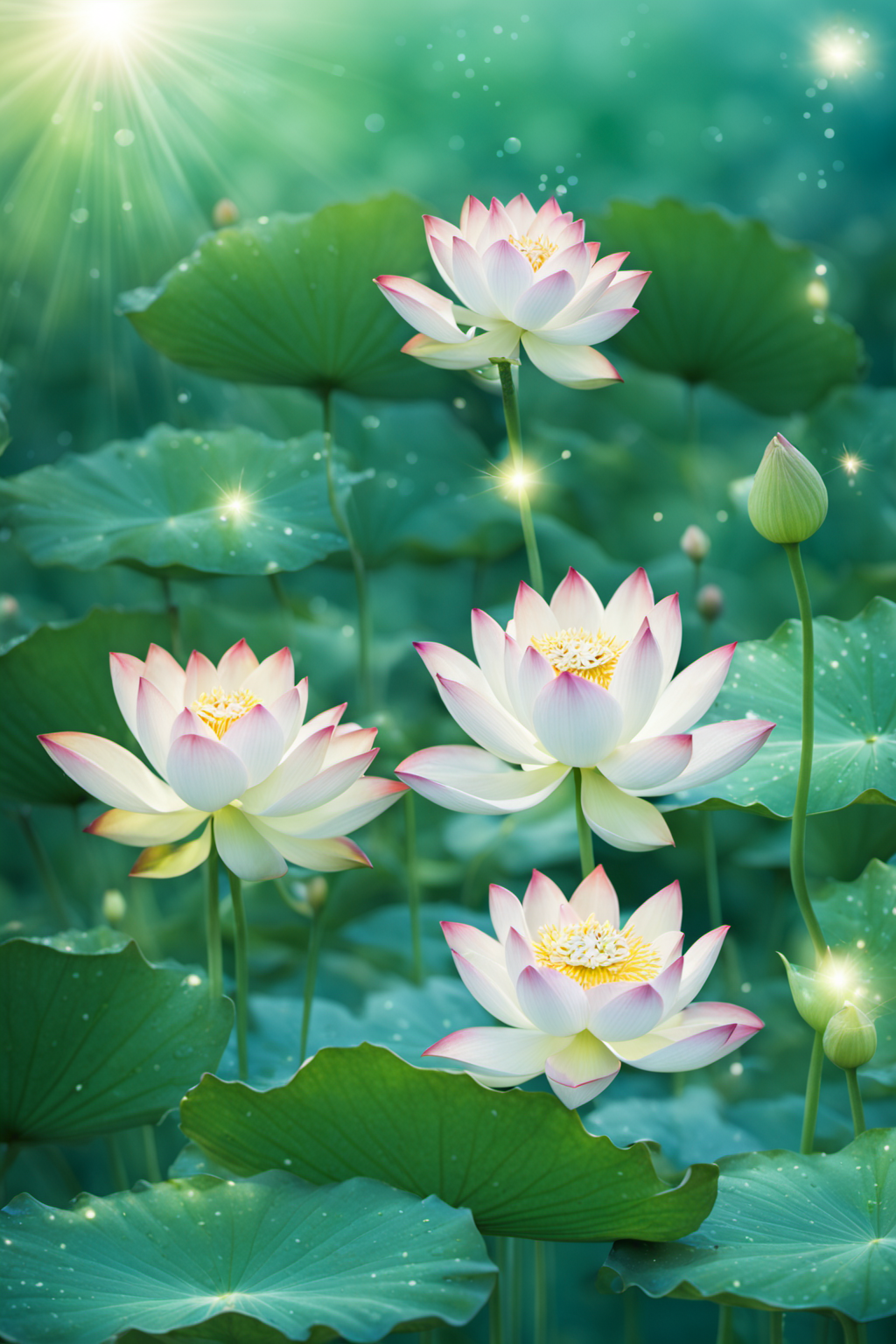 32197-2617755622-_lora_hehua_0.9_,hv,no humans,lily pad,flower,sparkle,lotus,scenery,outdoors,leaf,nature,water,light rays,blurry,.png